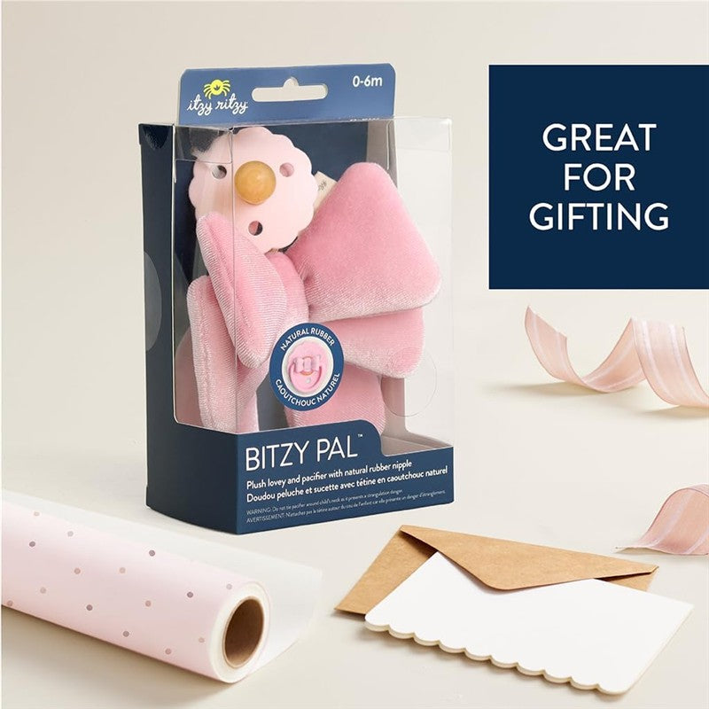 Itzy Ritzy Bitzy Pal Pacifier & Lovey Set in pink packaging, featuring a plush lovey and natural rubber pacifier. Great for gifting.