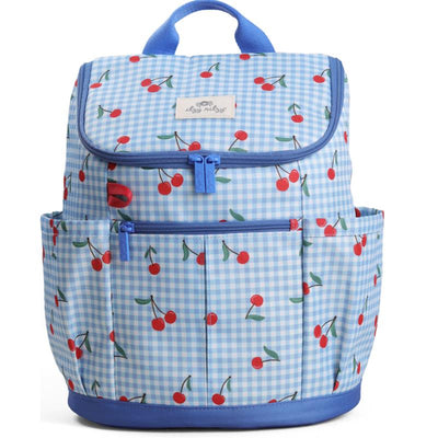Blue and white checked backpack featuring cherry print, two zippered pockets, and a top handle for easy carrying.