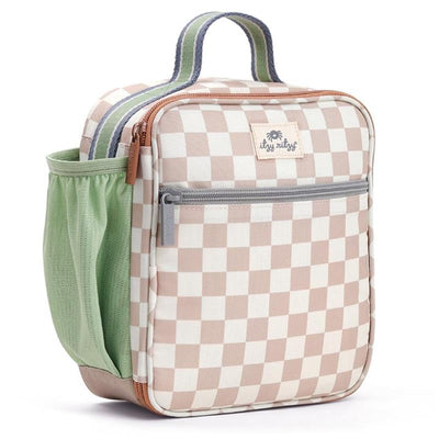 Itzy Ritzy Itzy Lunch Box™ toddler bag in checkered pattern, featuring a front zip pocket and a side mesh pocket.
