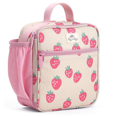 Toddler lunch box bag featuring a strawberries and cream pattern with a pink handle and side mesh pocket.