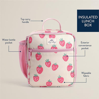 Insulated toddler lunch box featuring a strawberries and cream design, with a top handle and pockets for convenience.
