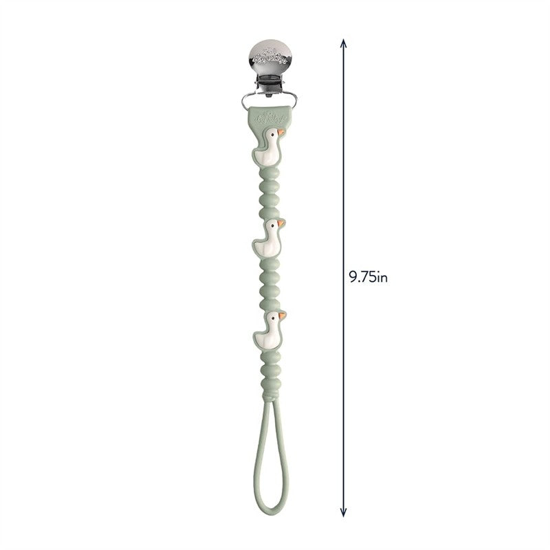 Itzy Ritzy Itzy Paci Strap Plus in light green with three duck charms, measuring 9.75 inches, designed to hold pacifiers.