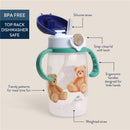 BPA-free straw cup with snap-close lid, featuring ergonomic handles, silicone straw, and a design of teddy bears.