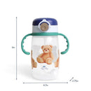 Straw cup with a snap-close lid, featuring a teddy bear design, measuring 6 inches tall and 4.7 inches wide.