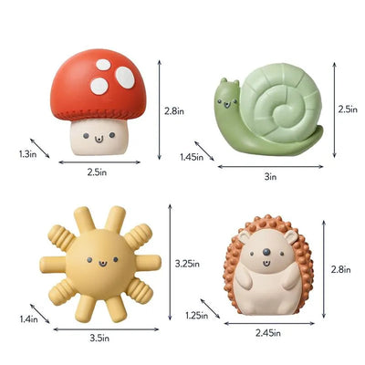 Soft bath toys in a 4-pack, featuring a mushroom, snail, sun, and hedgehog, each with cute facial expressions.