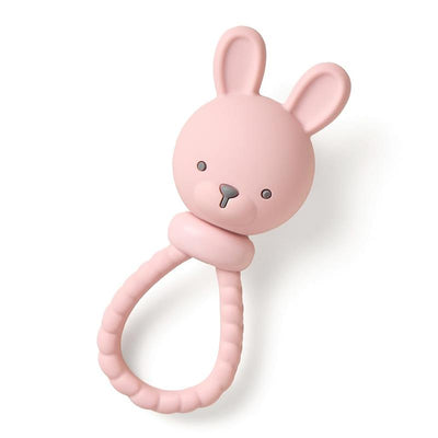 Pink Bunny Sweetie Rattle featuring a rounded bunny head, long ears, and a textured ring handle for infants.