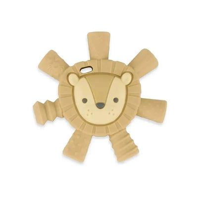Light beige lion-shaped teether with textured edges, designed for infants to soothe molars.