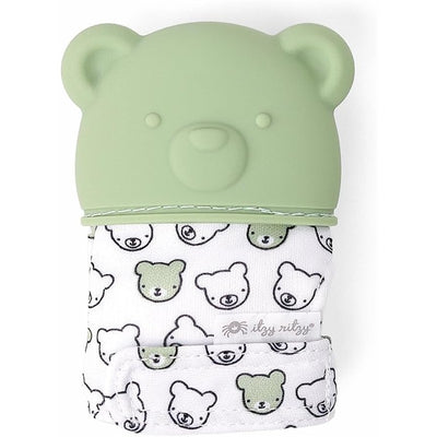Sage green bear-shaped teething mitt with a soft fabric featuring a pattern of cute bears.