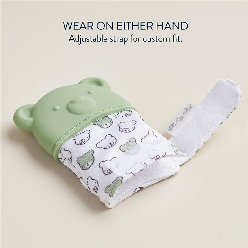 Sage Bear teething mitt featuring a bear-shaped silicone top and a soft fabric sleeve with bear prints; adjustable strap included.