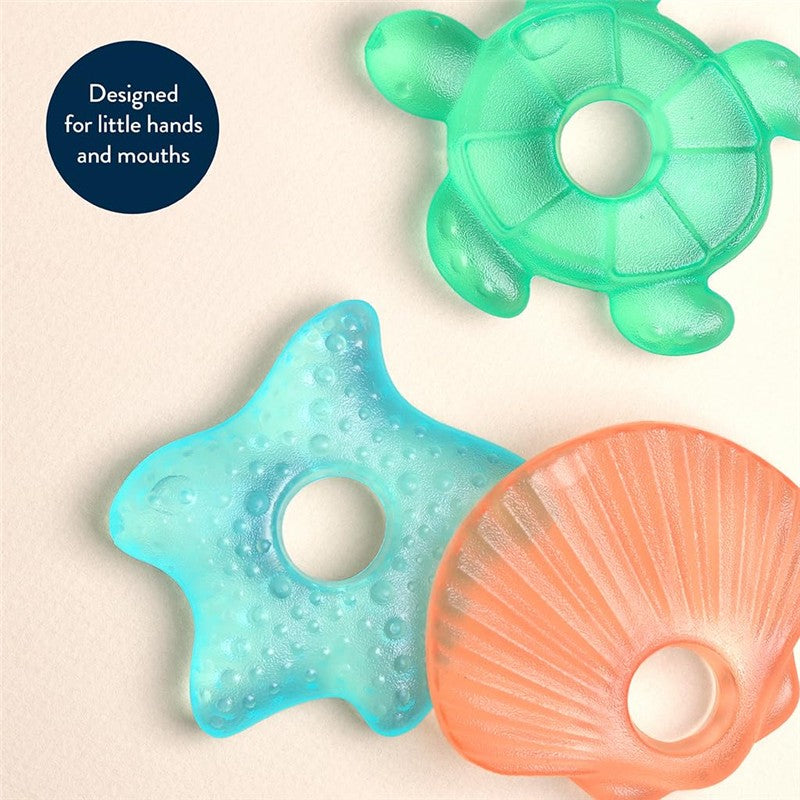 Three sea-themed cooling teethers in blue turtle, starfish, and orange shell shapes, designed for baby hands and mouths.