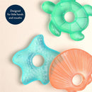 Three sea-themed cooling teethers in blue turtle, starfish, and orange shell shapes, designed for baby hands and mouths.