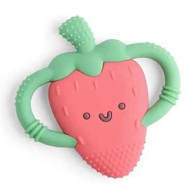 Silicone teether shaped like a strawberry with easy-grab handles, featuring a smiling face and textured surface.