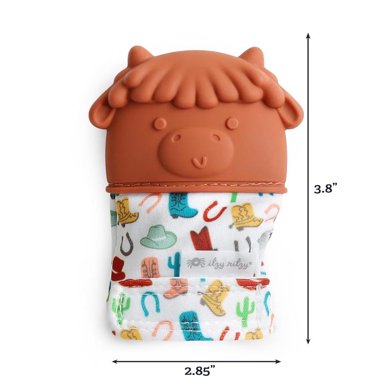 Silicone teething mitten featuring a cow design, measuring 3.8 inches in height and 2.85 inches in width, covered with colorful western-themed prints.