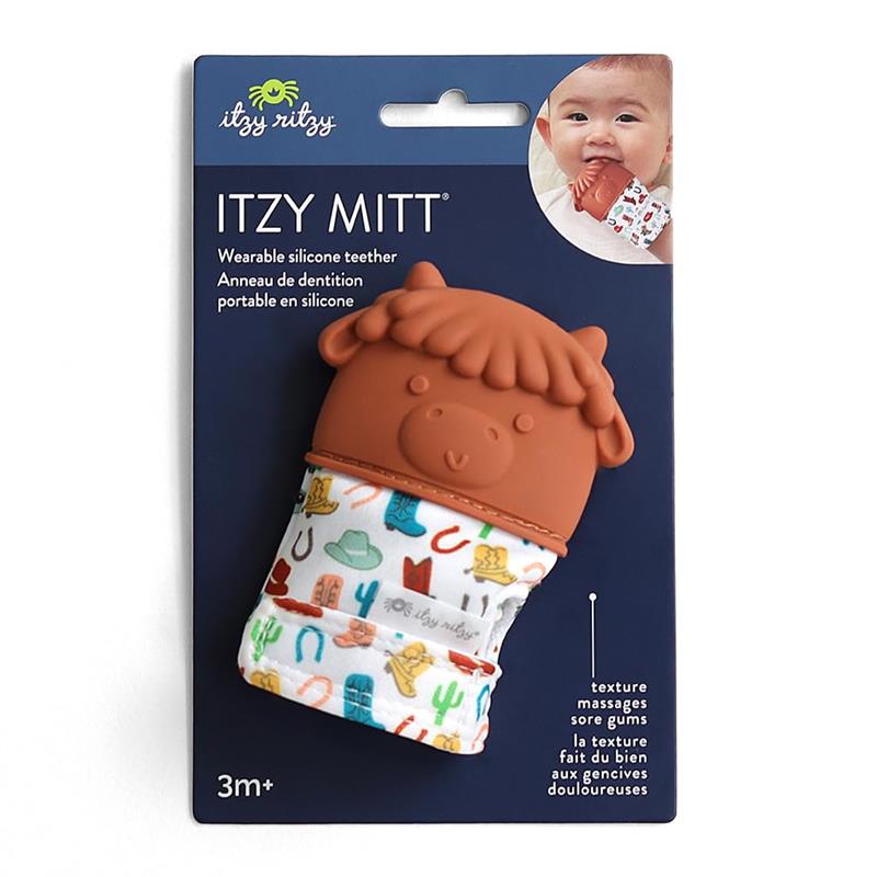 Silicone teething mitten in cow design with colorful patterns; intended for infants 3 months and older.