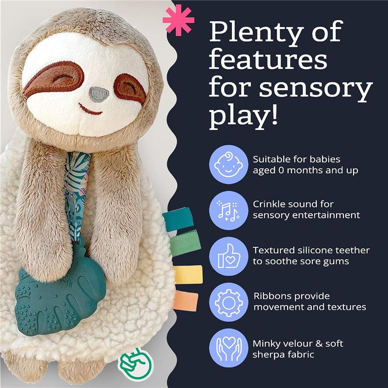 Itzy Ritzy Sloth Lovey with teether features a soft sloth design, textured silicone teether, crinkle sound, and colorful ribbons for sensory play.