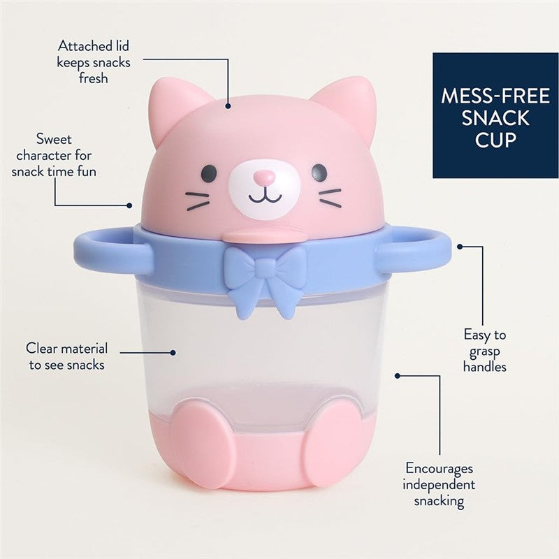 Kitty-themed snack cup with attached lid, clear body, and easy-grasp handles, ideal for mess-free snacking.
