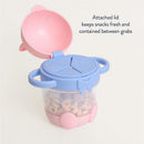 Kitty-themed Itzy Ritzy Snack Pal Snack Cup with a pink lid and blue base, designed to store snacks securely.