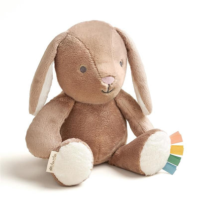 Huggable plush toy bunny with taupe fur, floppy ears, a pink nose, and colorful tags on its paw, designed for cuddling.