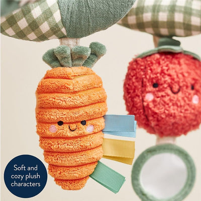 Plush carrot and tomato toys with colorful ribbons, part of the Itzy Ritzy Spiral™ Car Seat Activity Toy - Veggie.