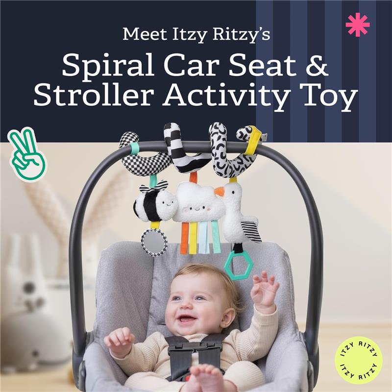 Itzy Ritzy Spiral Car Seat & Stroller Activity Toy hangs above a smiling baby in a car seat, featuring colorful plush toys and rings.