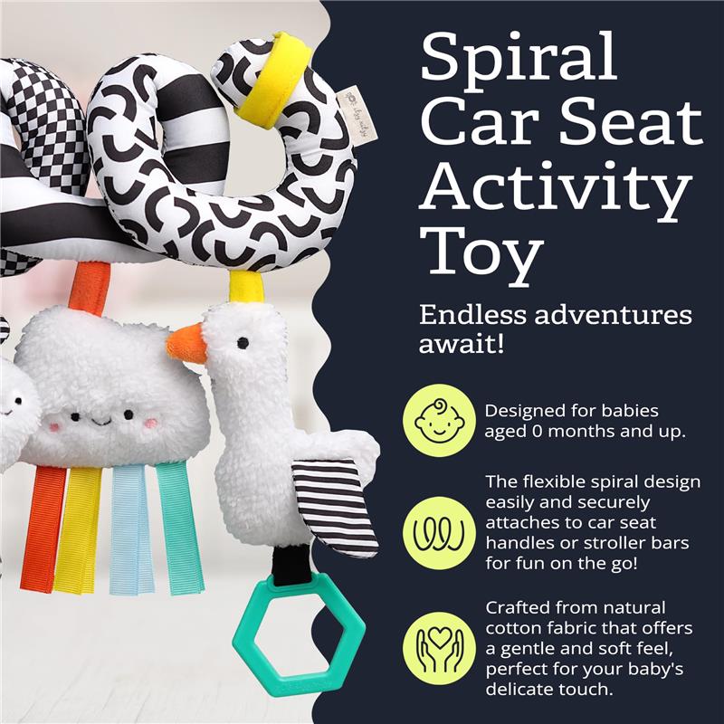 Spiral car seat and stroller activity toy featuring plush cloud and bird designs, colorful ribbons, and a textured ring.