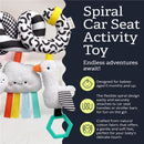 Spiral car seat and stroller activity toy featuring plush cloud and bird designs, colorful ribbons, and a textured ring.
