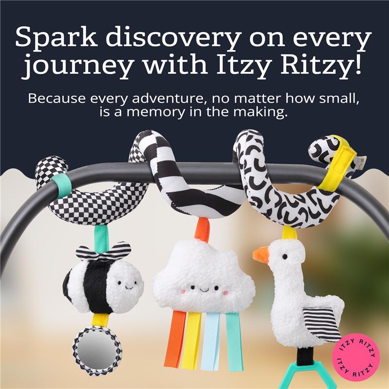 Colorful Itzy Ritzy Spiral Car Seat & Stroller Activity Toy featuring plush animals and a mirror for sensory exploration.