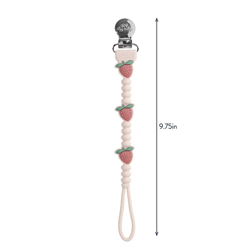 Strawberry-themed silicone pacifier clip measuring 9.75 inches, featuring three strawberry shapes and a metal clip.