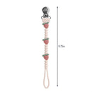 Strawberry-themed silicone pacifier clip measuring 9.75 inches, featuring three strawberry shapes and a metal clip.
