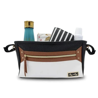 Stroller caddy by Itzy Ritzy in coffee and cream, featuring a zippered pocket and storage for a water bottle and other essentials.