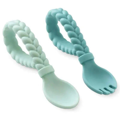Mint Sweetie Spoons & Fork Set by Itzy Ritzy featuring two silicone utensils with braided handles.