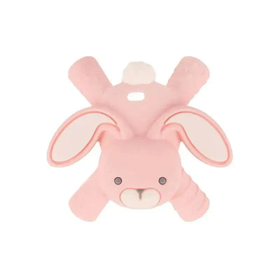 Bunny-shaped teether in soft pink silicone, designed for babies to soothe sore gums while teething.