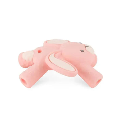 Bunny-shaped pink silicone molar teether with multiple gripping sections for babies.