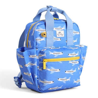 Toddler backpack featuring a blue airplane pattern, small front pocket with yellow zipper, and dual shoulder straps.