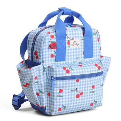 Toddler-sized backpack featuring a light blue gingham pattern adorned with cherry prints and a front zippered pocket.