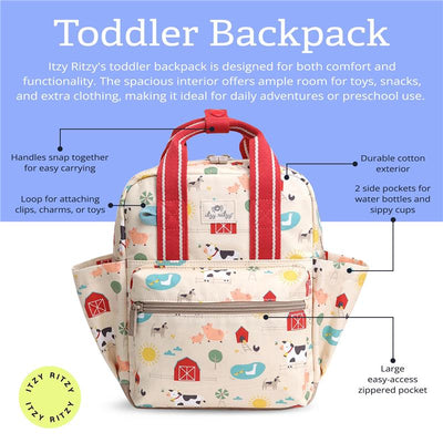Toddler backpack featuring a farm animal design, durable cotton exterior, and multiple pockets for convenience.