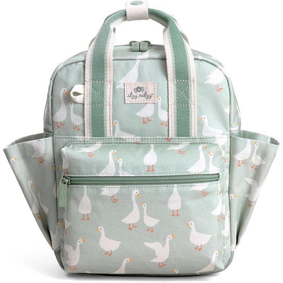 Toddler backpack by Itzy Ritzy, featuring a mint green color with a repeated goose pattern and a zippered front pocket.