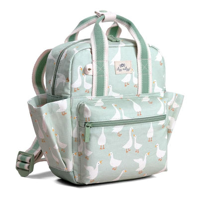 Toddler backpack featuring a mint green color and a playful goose pattern, with front zip pocket and dual side pockets.