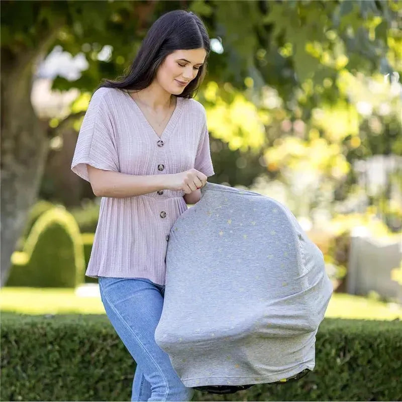 J.L. Childress - 4-in-1 Multi-Use Cover, Stretchy Car Seat Canopy and Privacy Cover, Grey/Gold Stars Image 2