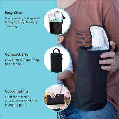 J.L. Childress black single bottle cooler with a heat-sealed, leak-proof lining, held by a person, featuring compact design for convenience.
