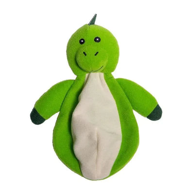 Reusable dinosaur-shaped ice pack in green, designed for soothing bumps and bruises. Soft texture and playful design.