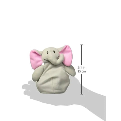 Reusable ice pack designed as an elephant, gray with pink ears, measuring 6.1 inches by 15 cm.