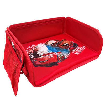 J. L. Childress Disney Baby 3-IN-1 Toddler Travel Tray in red, featuring Cars characters on a padded surface.