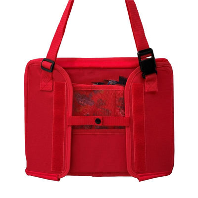 Red J. L. Childress Disney Baby 3-IN-1 Toddler Travel Tray and Tablet Holder featuring multiple pockets and adjustable strap.