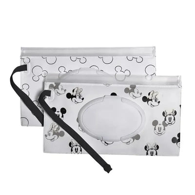 Reusable wet wipes cases featuring Mickey and Minnie Mouse designs, ideal for diaper bags; includes two cases.