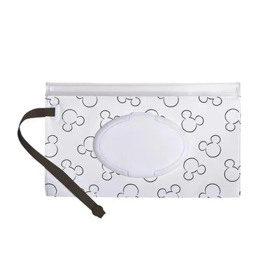 Reusable wet wipes case featuring a Mickey Mouse pattern, includes a lid and a strap for easy carrying.