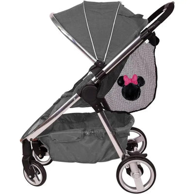 Side sling stroller cargo net in gray featuring a Minnie Mouse design, ideal for storage and organization.