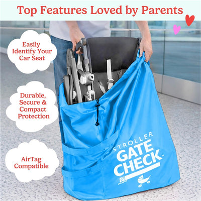 Neon blue J.L. Childress Gate Check Bag for single and double strollers, showcasing features like durability and AirTag compatibility.