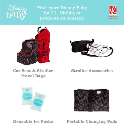 Disney Baby products by J.L. Childress including a red car seat travel bag, stroller accessories, reusable ice packs, and portable changing pads.