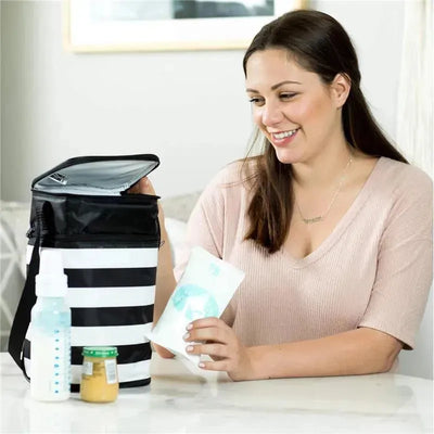 Reusable ice pack next to a woman holding it, with a striped cooler, baby bottle, and food jar in view.